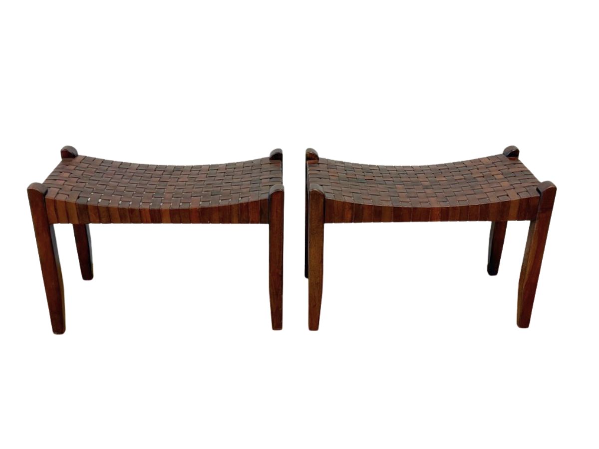 Arts & Crafts Woven Leather Stools, Pair