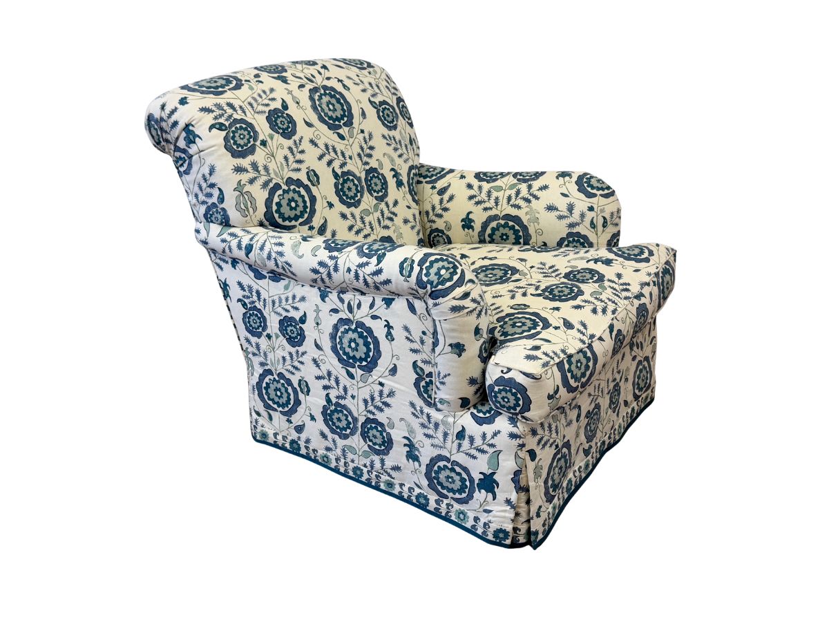 Custom Schneller NYC Swivel Armchair in Penny Morrison Simla Blue Linen