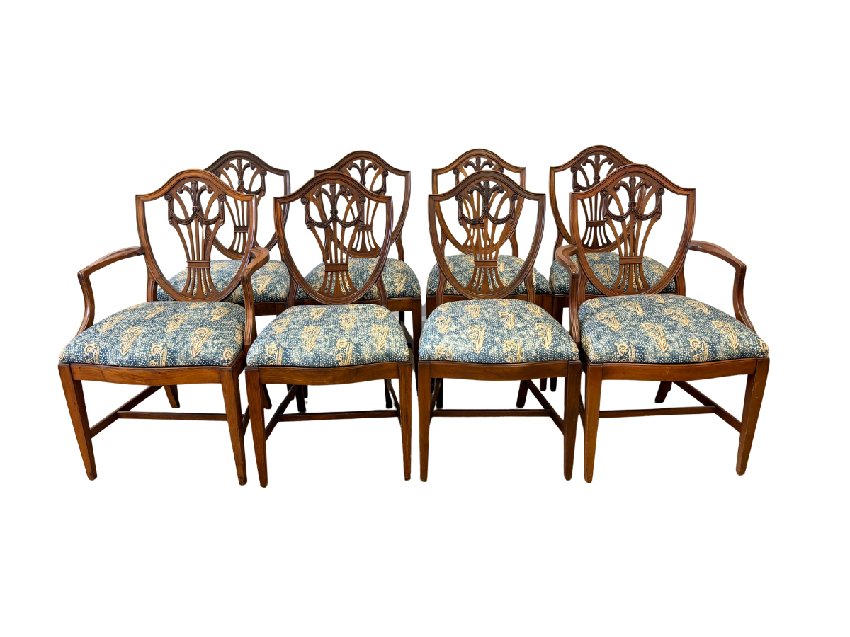 Vintage Hepplewhite Style Shield Back Dining Chairs, Set of 8