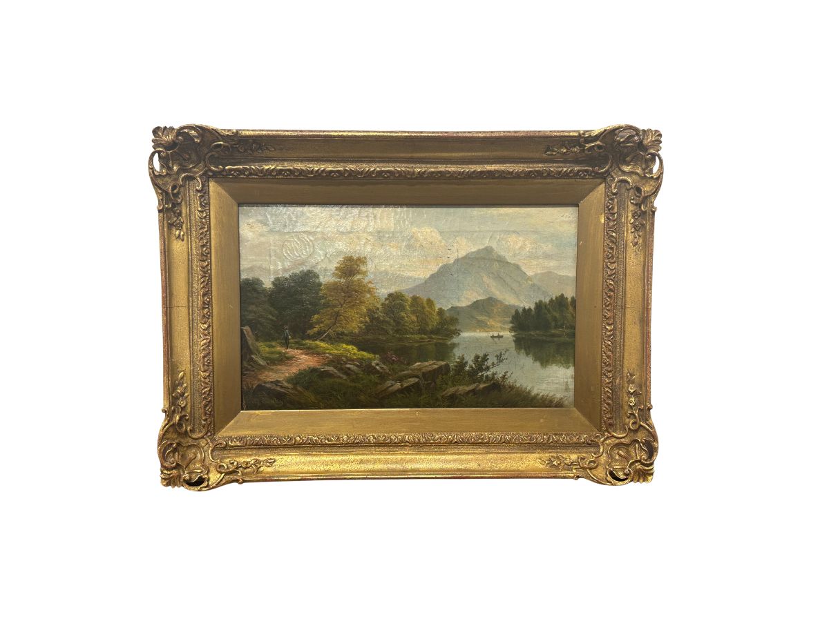 Antique River Landscape Painting with Fishermen by J. Barclay, Signed Lower Left