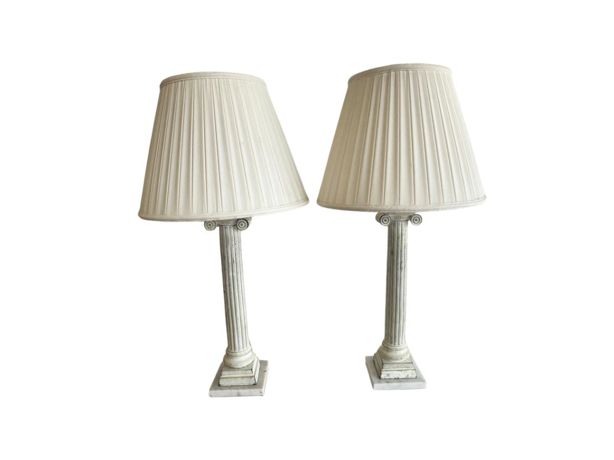White Column Table Lamps with Pleated Shades, Pair