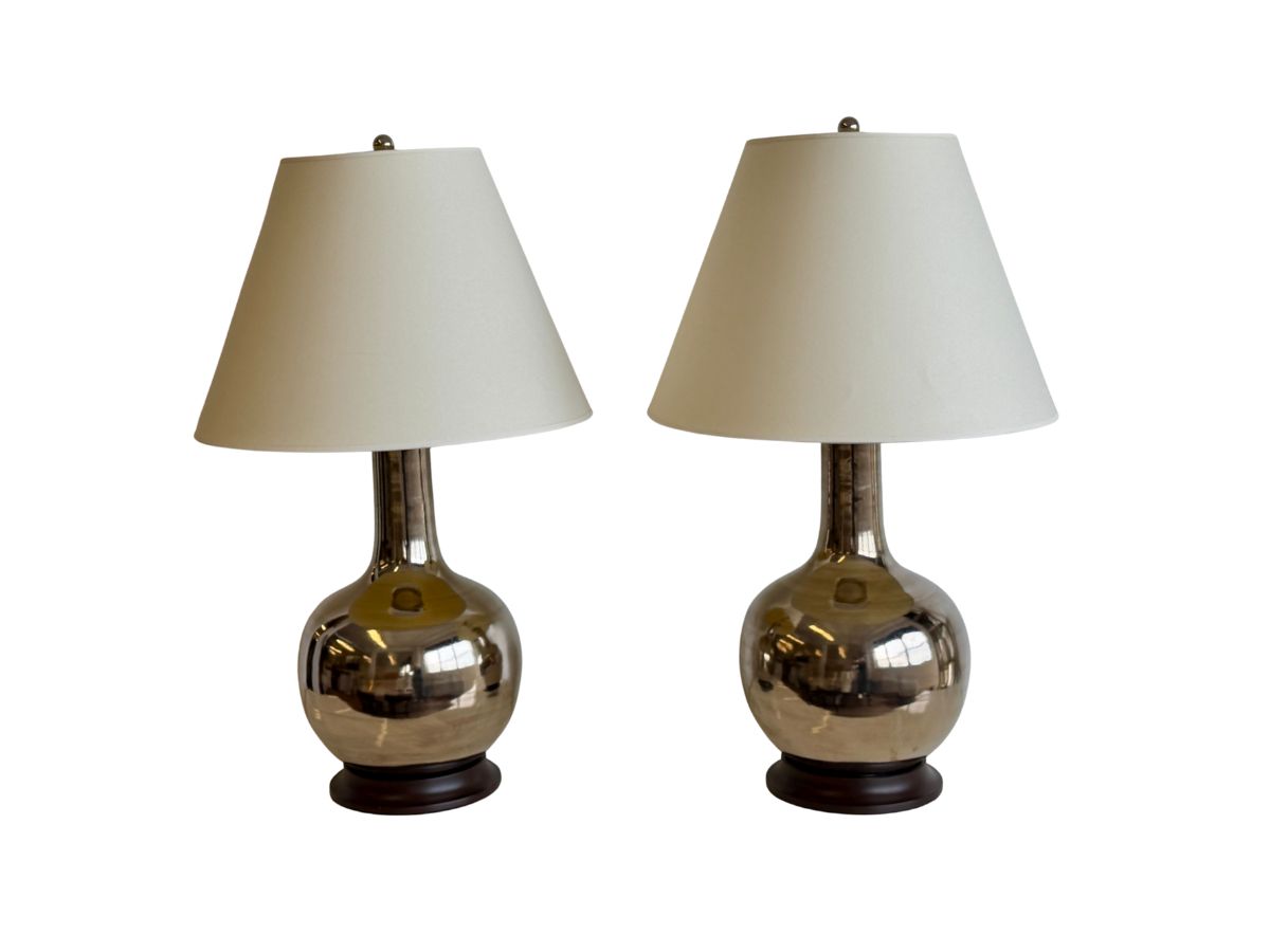 Christopher Spitzmiller Signed Large Gourd Table Lamps in Platinum Luster, Pair