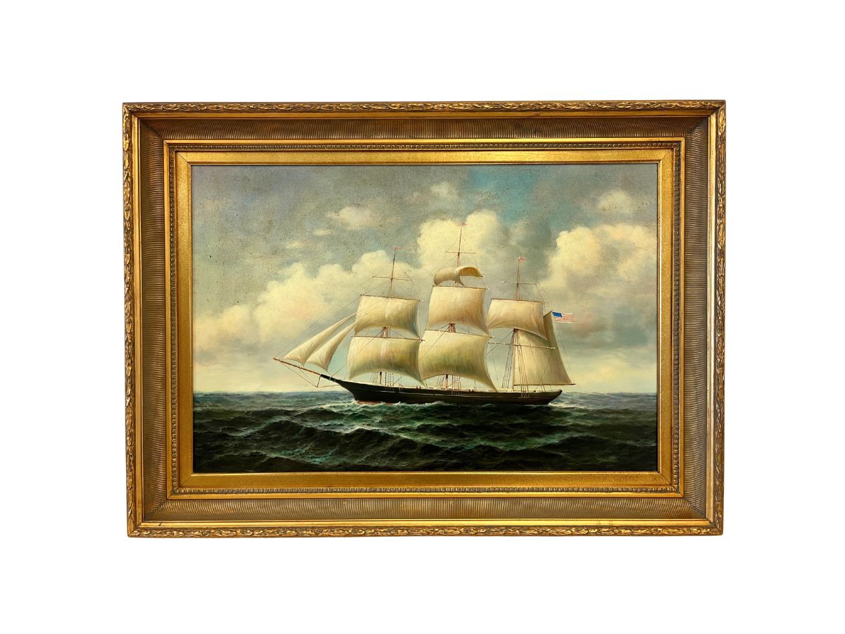 Large 20th-Century Maritime Oil Painting of an American Clipper Ship, Signed Cooper