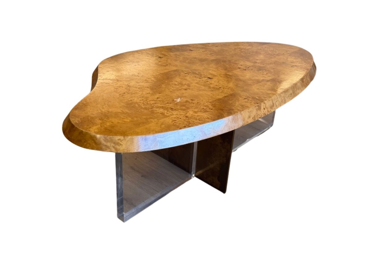 Vintage Biomorphic Burl Wood Coffee Table with Metal & Lucite Base