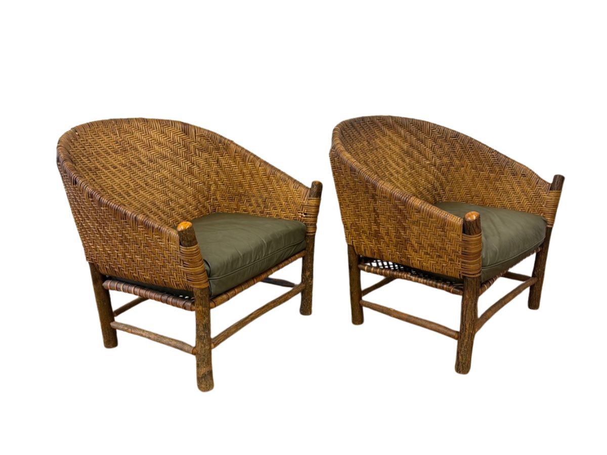 Old Hickory Captain’s Rattan Chairs, Pair