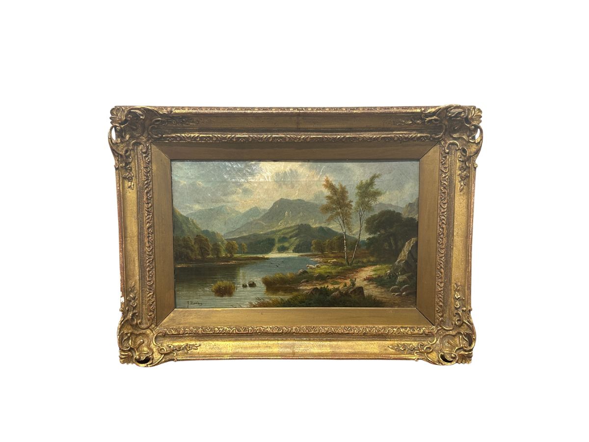 Antique River Landscape Painting by J. Barclay, Signed Lower Left