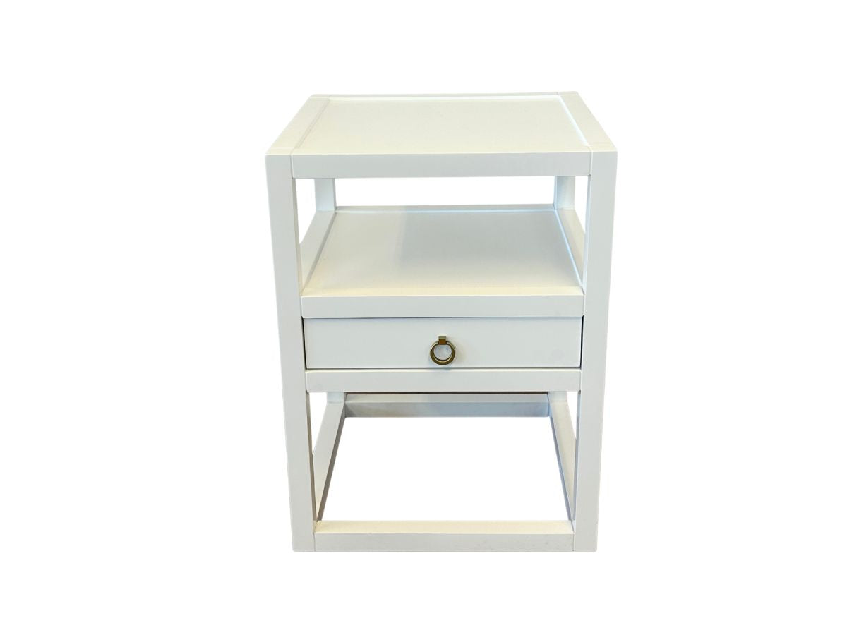 White Lacquer Shelf Side Table with Drawer