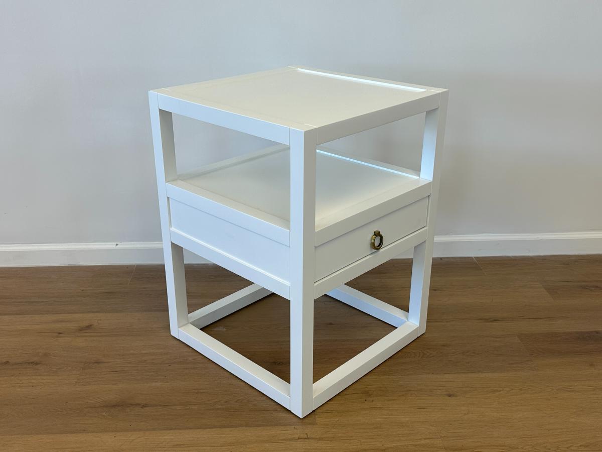 White Lacquer Shelf Side Table with Drawer