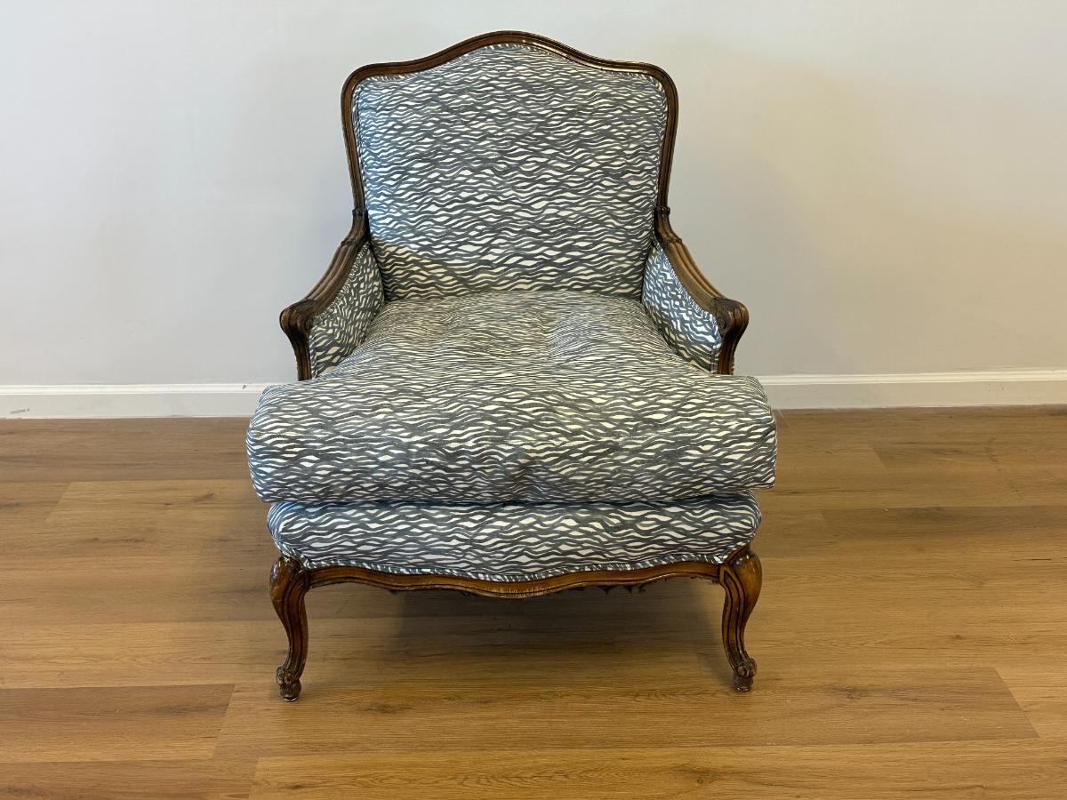 Antique Down Filled Louis XV Style Bergere in Rena Barsanti Fabric