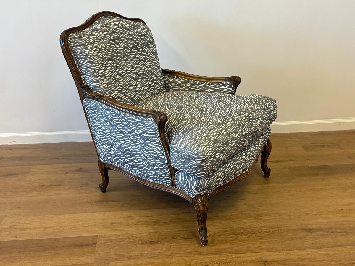 Antique Down Filled Louis XV Style Bergere in Rena Barsanti Fabric