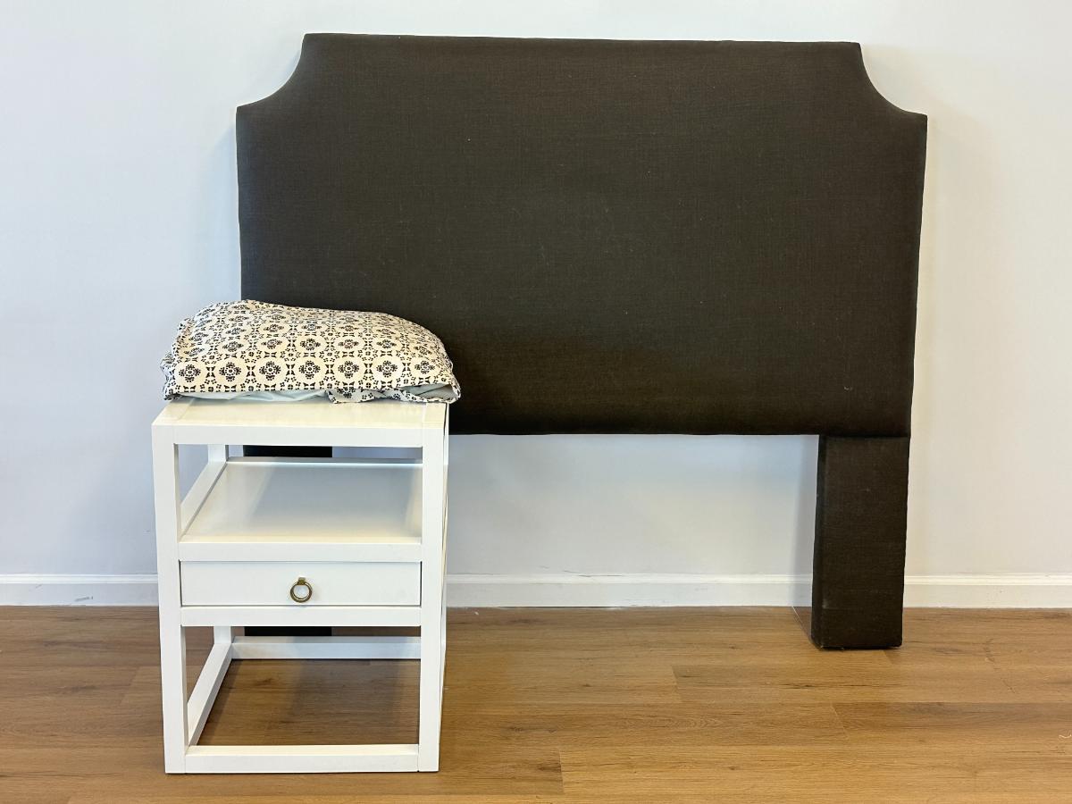 Dark Brown Upholstered Queen Headboard & Coordinating Bedskirt