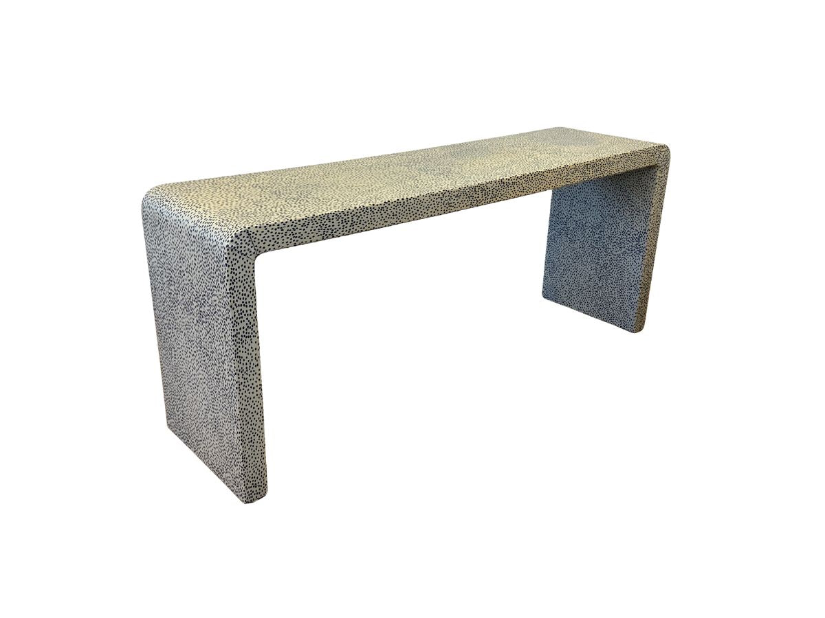 Custom Wrapped Blue and White Low Waterfall Console Table