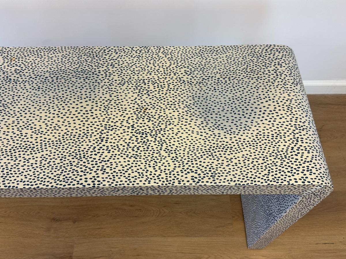 Custom Wrapped Blue and White Low Waterfall Console Table