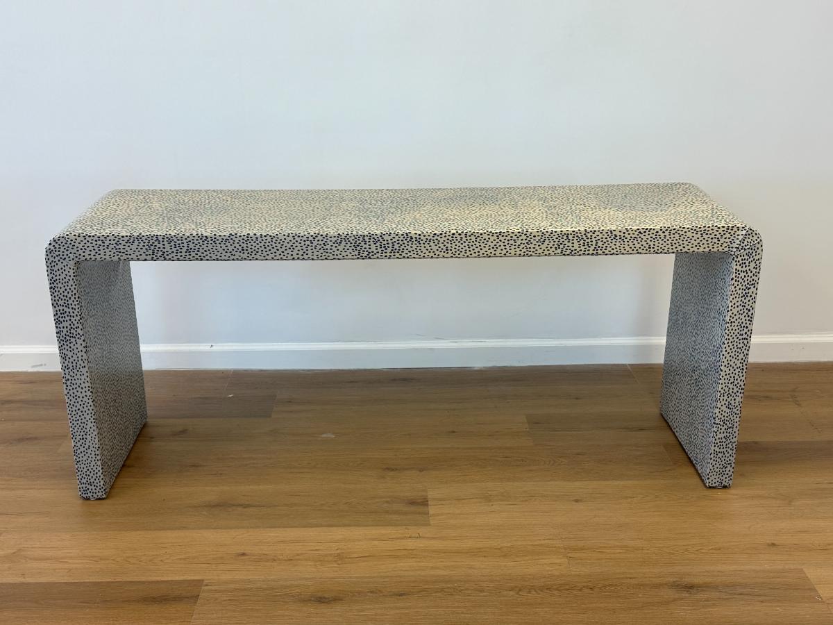 Custom Wrapped Blue and White Low Waterfall Console Table