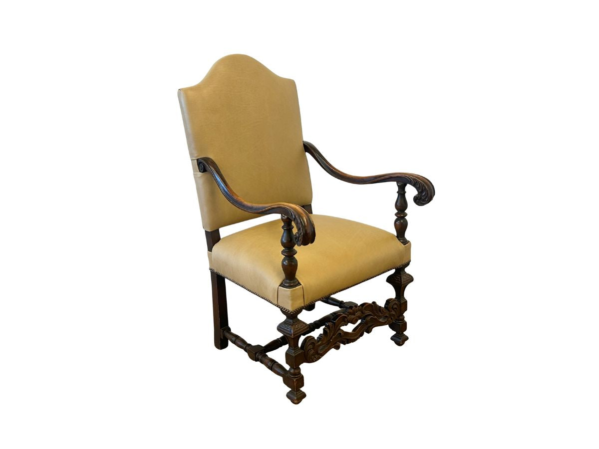 Antique Leather Upholstered Throne Arm Chair