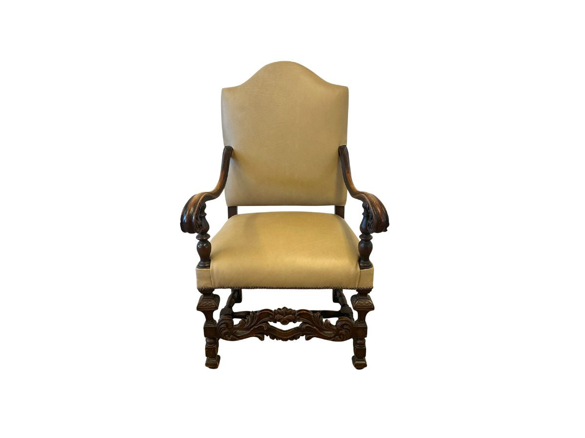 Antique Leather Upholstered Throne Arm Chair