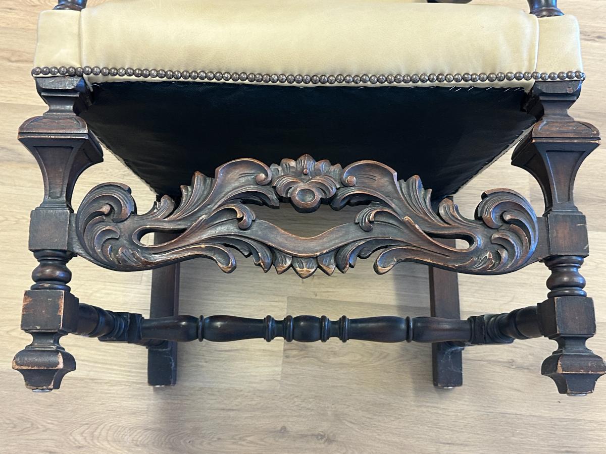 Antique Leather Upholstered Throne Arm Chair