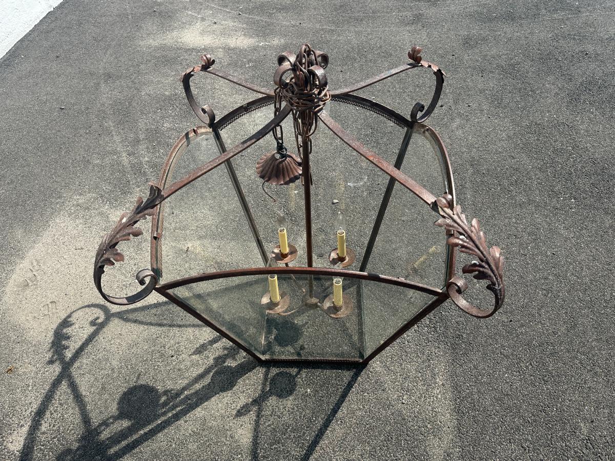 Large Iron & Glass Lantern with Acanthus Leaves