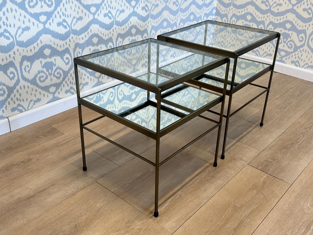 Pottery Barn Leona Brass & Glass End Tables, Pair