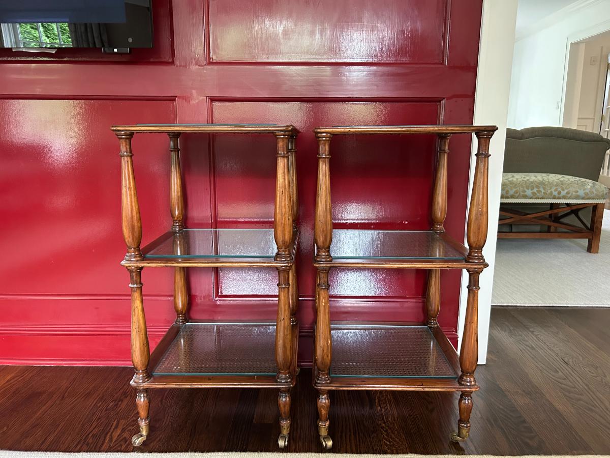 Three-Tiered Cane & Wood End Tables, Pair