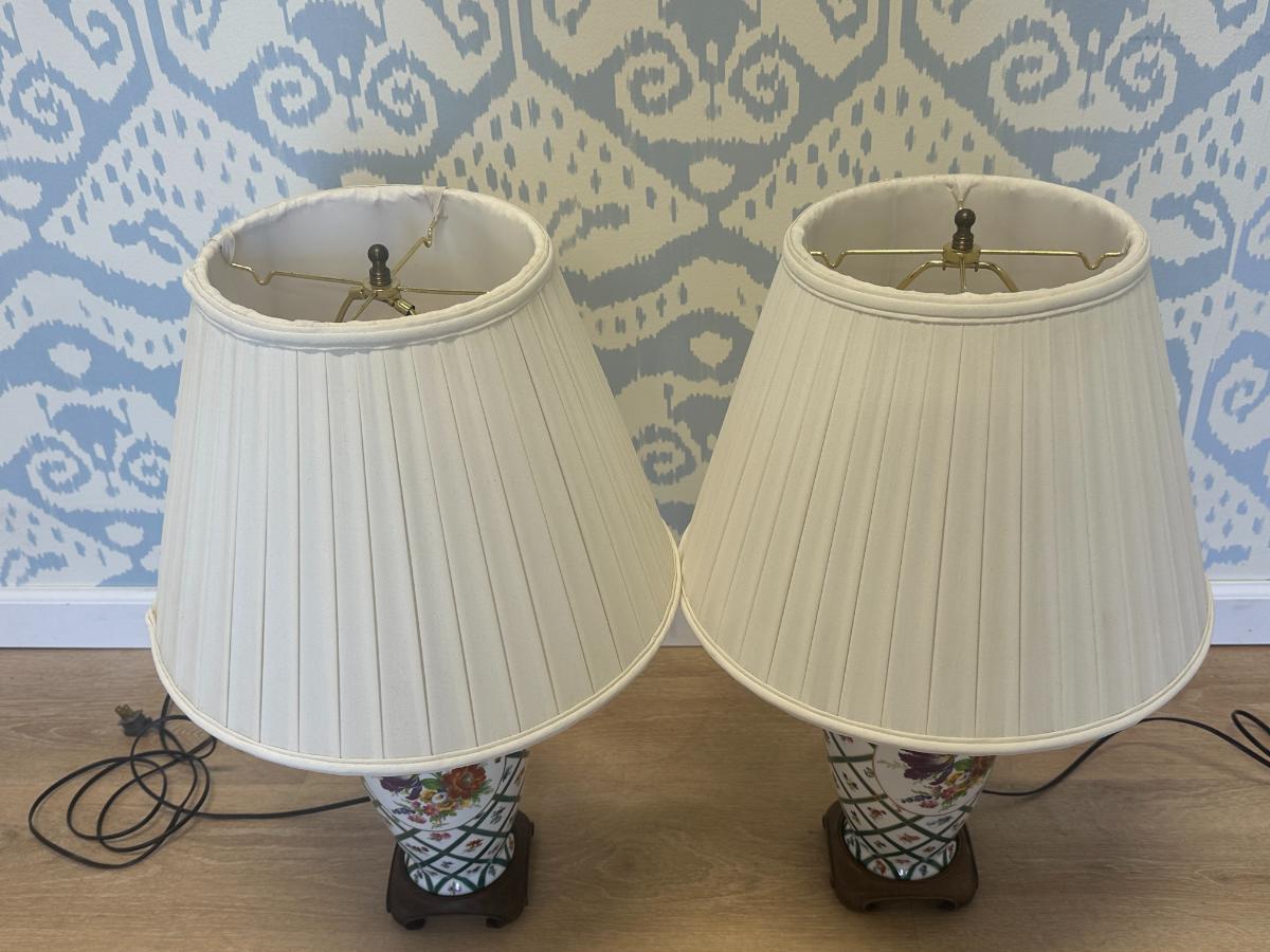 Italian Elios Hand-Painted Vase Table Lamps, Pair