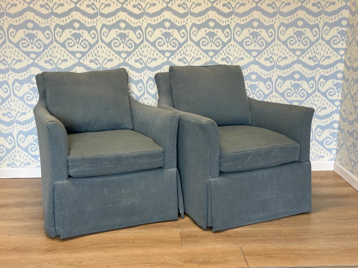 Highland House Blue Brighton Skirted Swivel Chairs, Pair