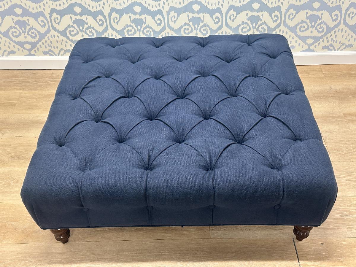 Dark Blue Tufted Ottoman in Schumacher Fabric