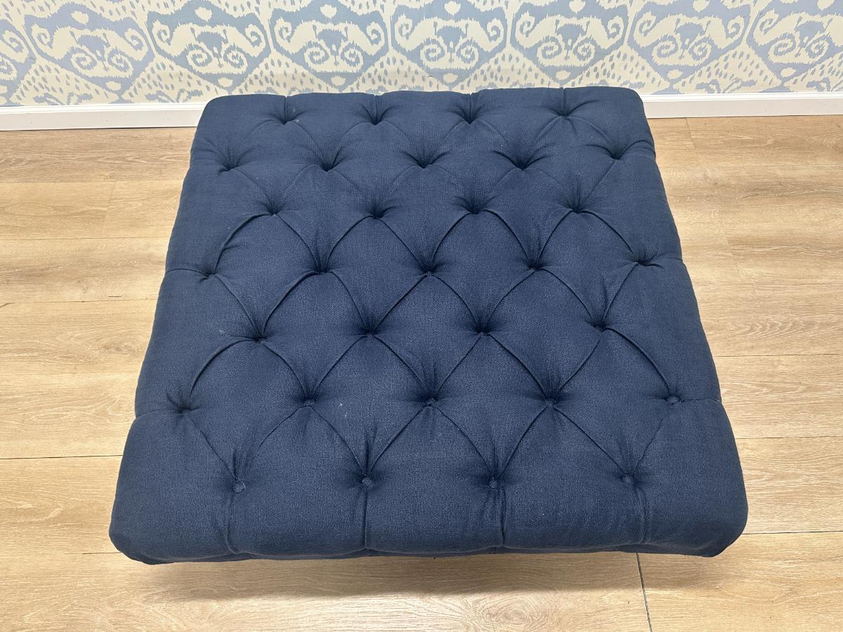 Dark Blue Tufted Ottoman in Schumacher Fabric