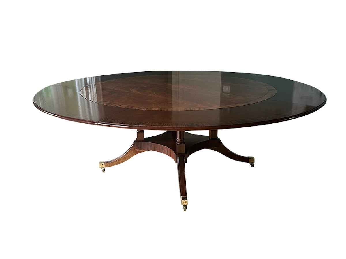 English Mahogany Round Perimeter Leaf Dining Table with Rosewood Banding
