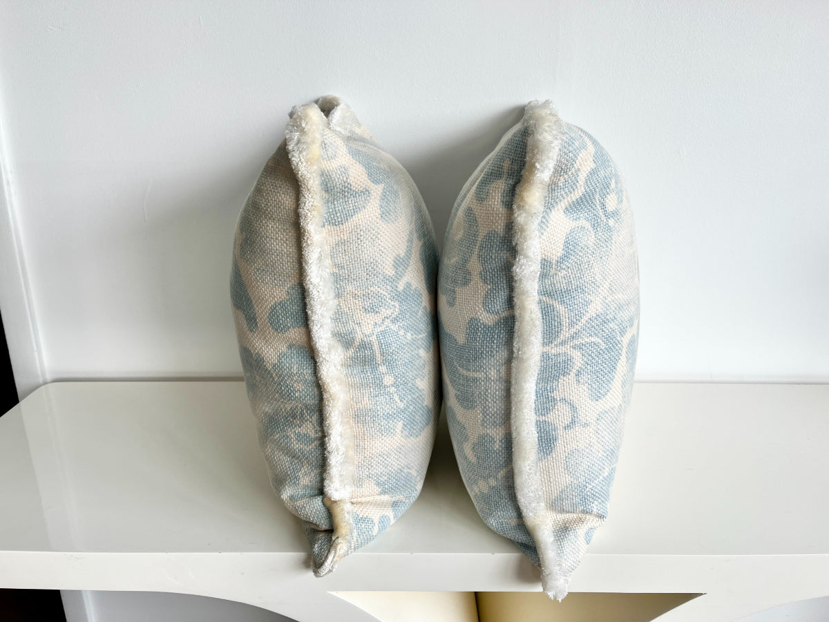 22" Blue & White Floral Pillows, Pair