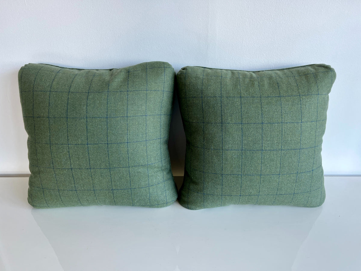 Forest Green Pillows with Blue Plaid Design, Pair