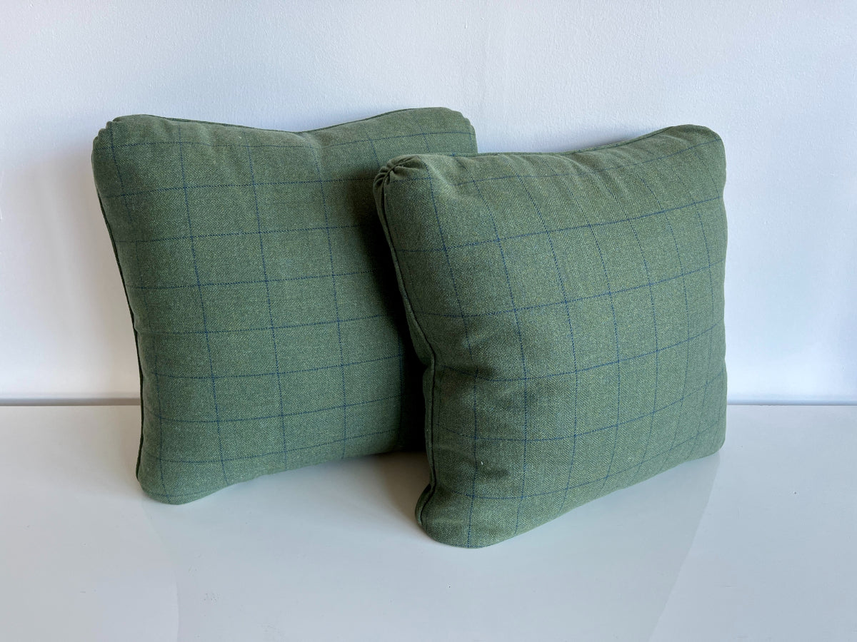 Forest Green Pillows with Blue Plaid Design, Pair