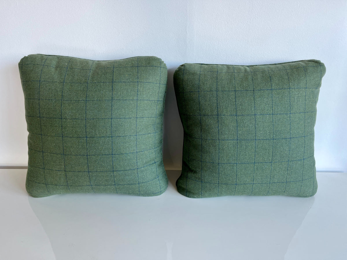 Forest Green Pillows with Blue Plaid Design, Pair