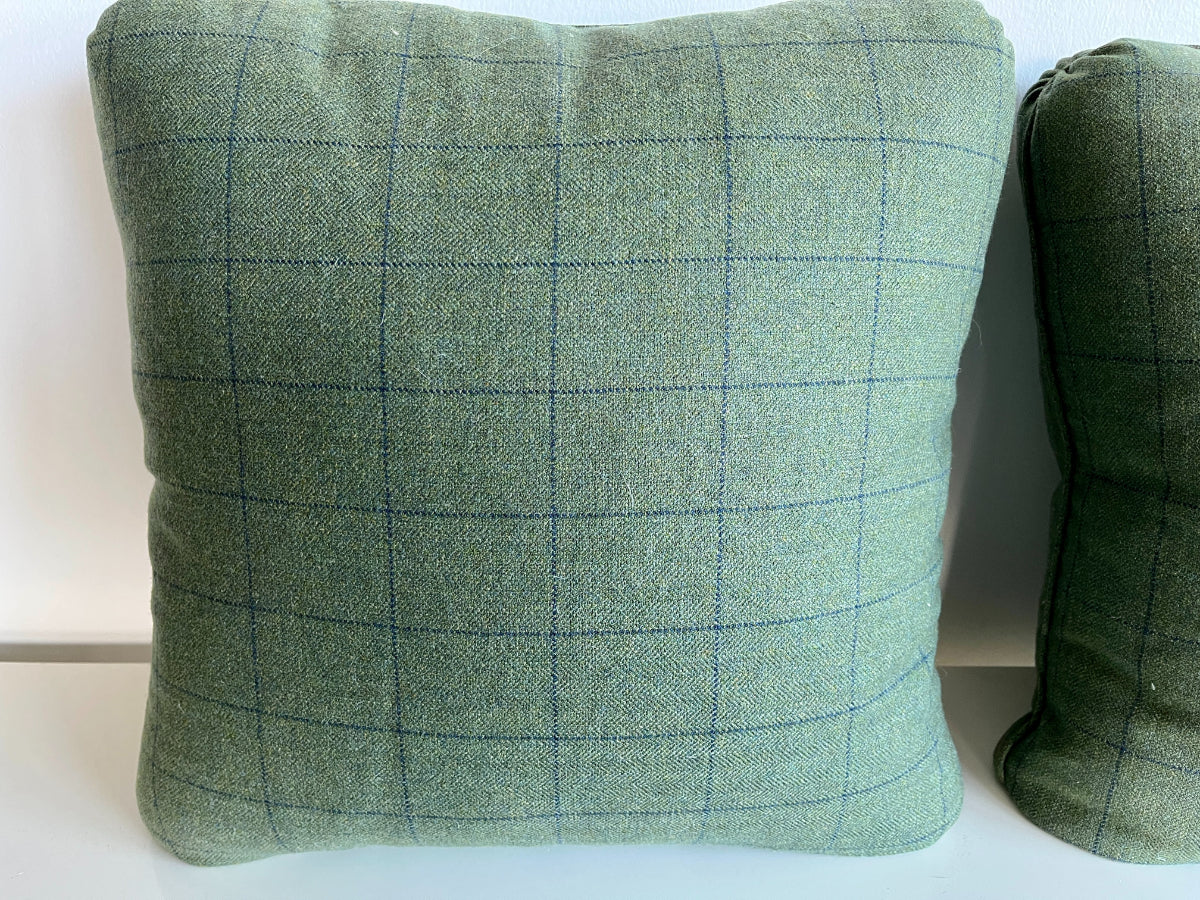 Forest Green Pillows with Blue Plaid Design, Pair