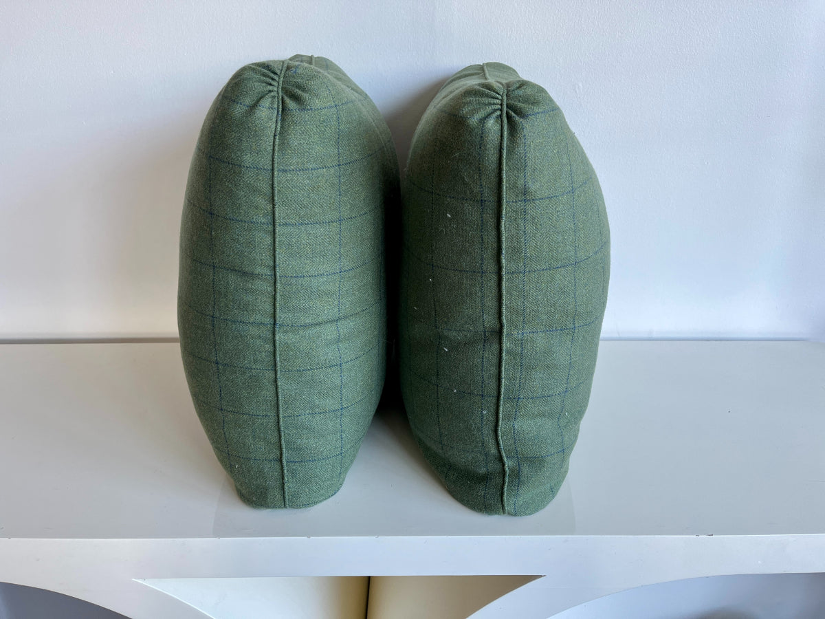 Forest Green Pillows with Blue Plaid Design, Pair