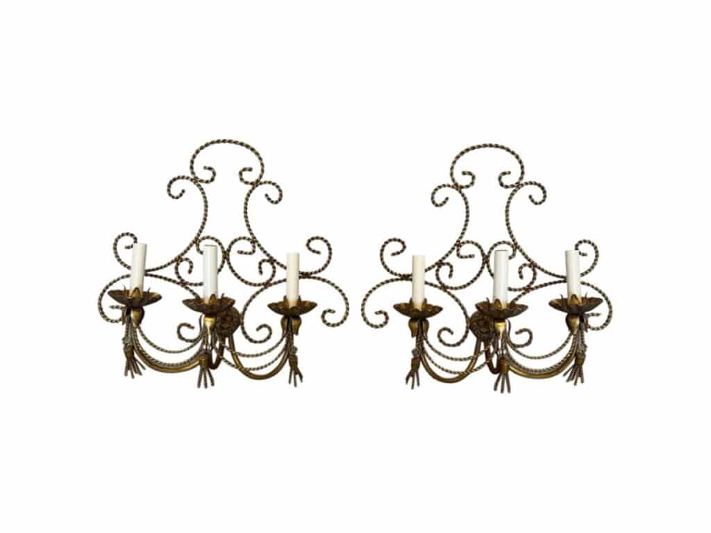 Hollywood Regency Italian Gilt Metal Rope and Tassel Sconces, Pair