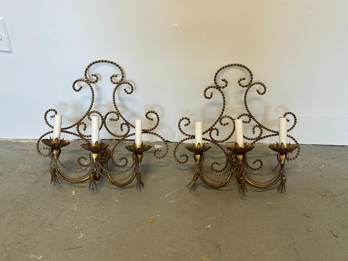 Hollywood Regency Italian Gilt Metal Rope and Tassel Sconces, Pair