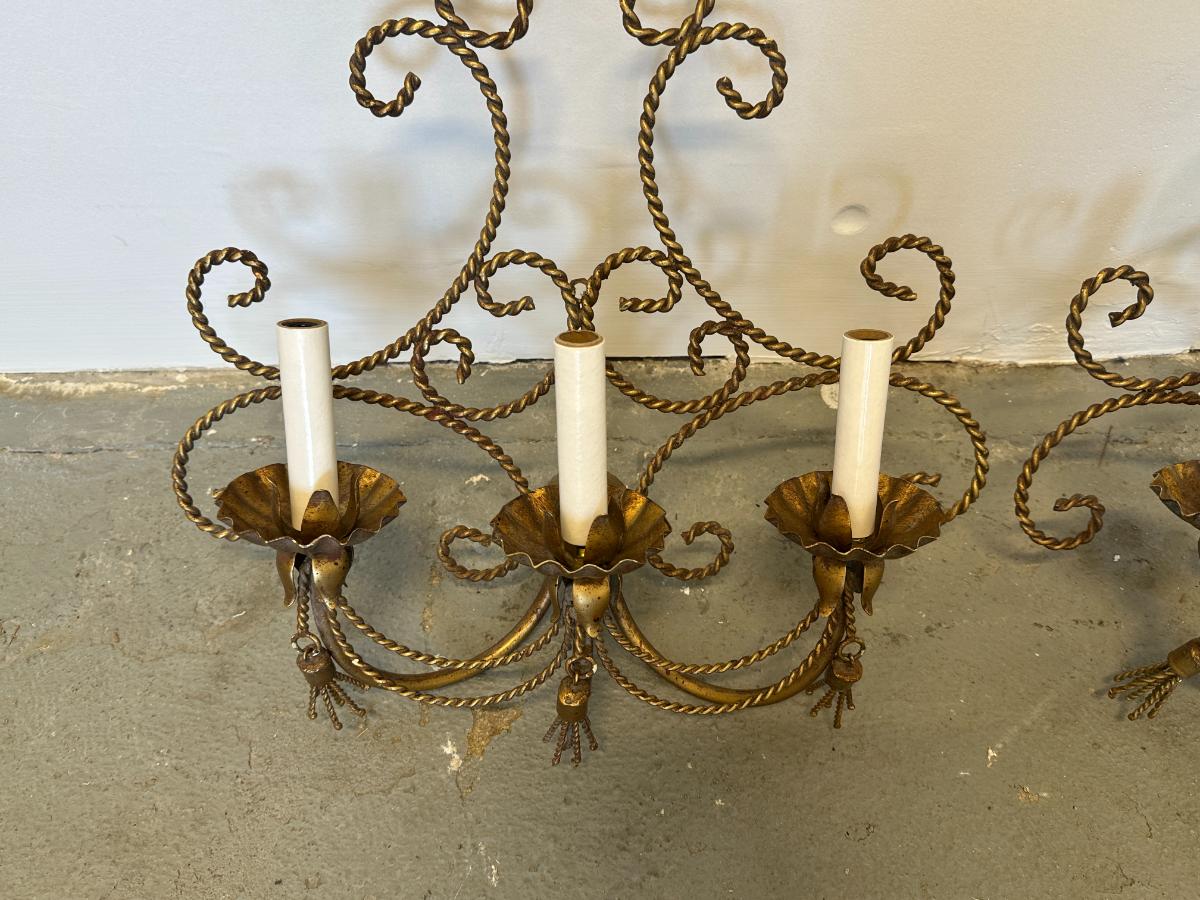 Hollywood Regency Italian Gilt Metal Rope and Tassel Sconces, Pair