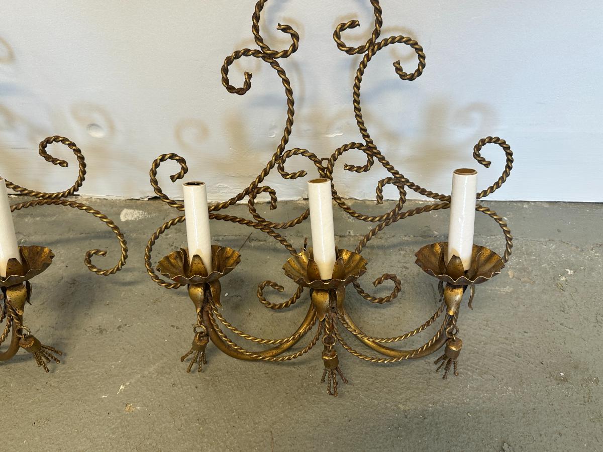 Hollywood Regency Italian Gilt Metal Rope and Tassel Sconces, Pair