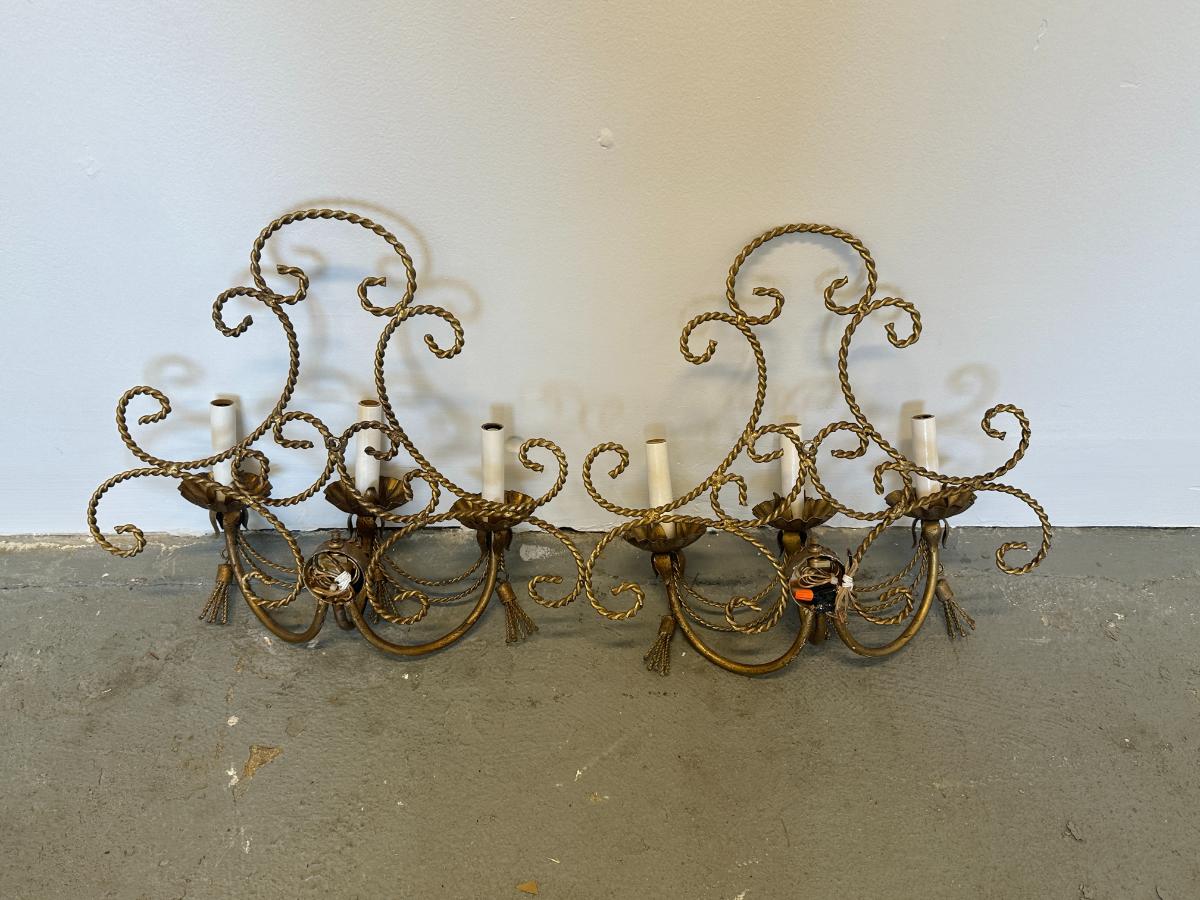 Hollywood Regency Italian Gilt Metal Rope and Tassel Sconces, Pair