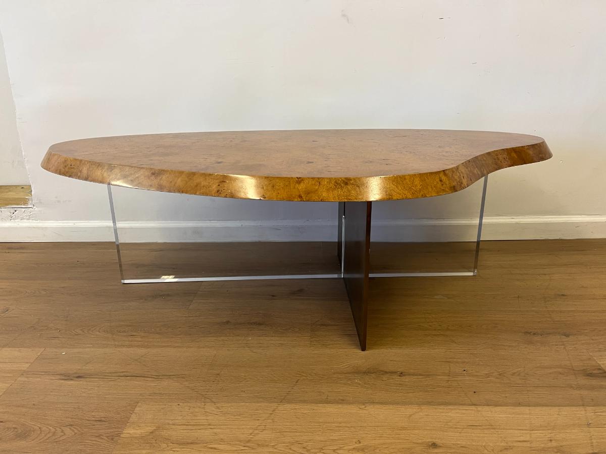 Vintage Biomorphic Burl Wood Coffee Table with Metal & Lucite Base