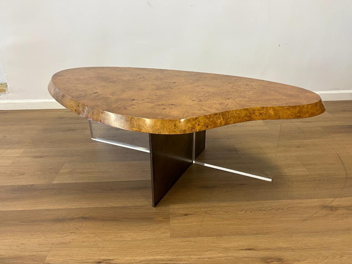 Vintage Biomorphic Burl Wood Coffee Table with Metal & Lucite Base