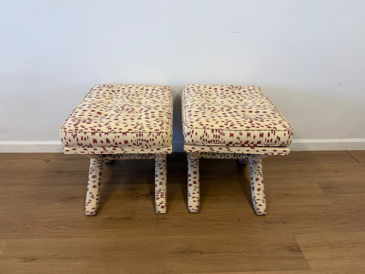 Custom Upholstered X Benches in Brunschwig & Fils Les Touches, Pair