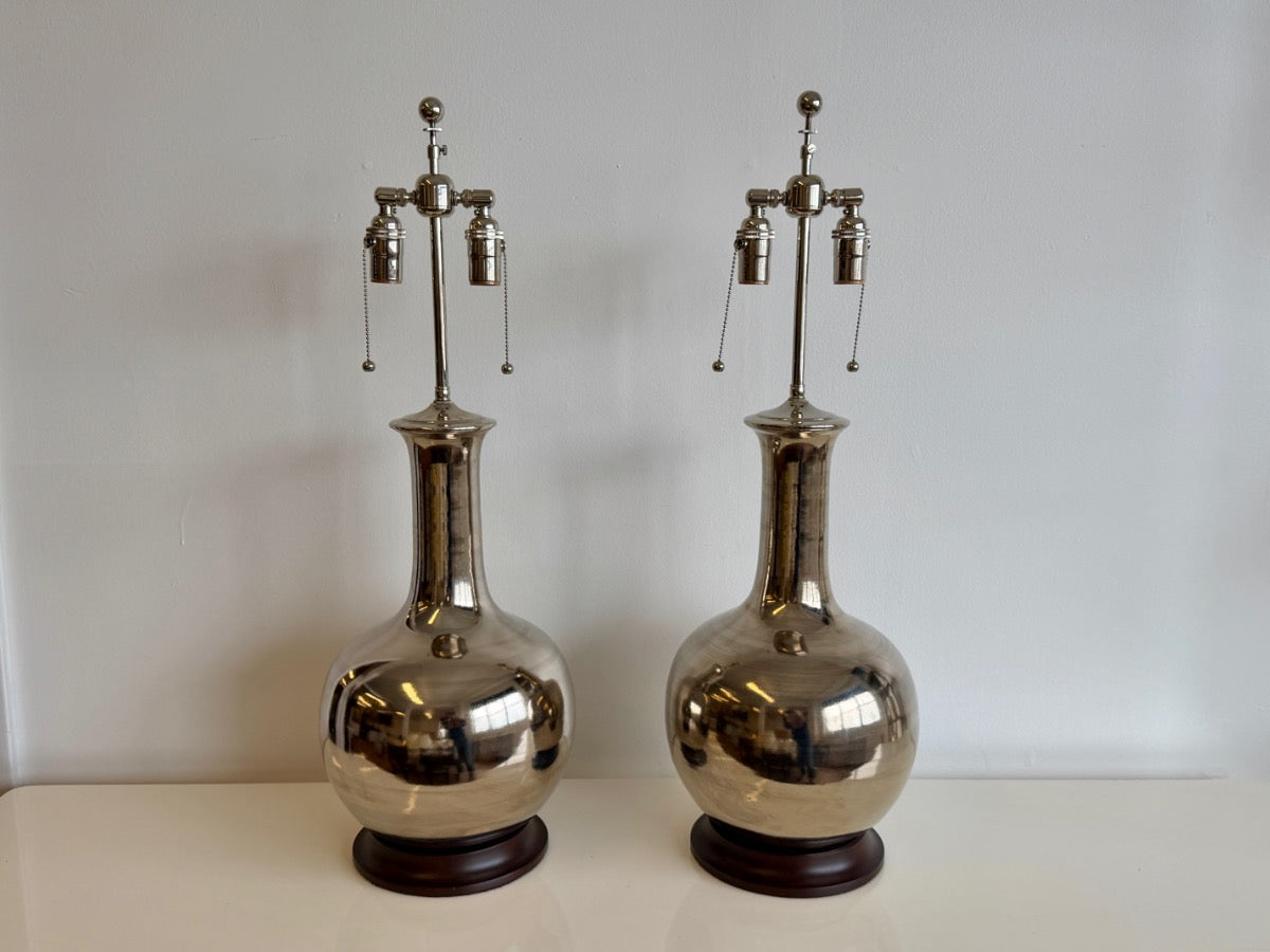 Christopher Spitzmiller Signed Large Gourd Table Lamps in Platinum Luster, Pair