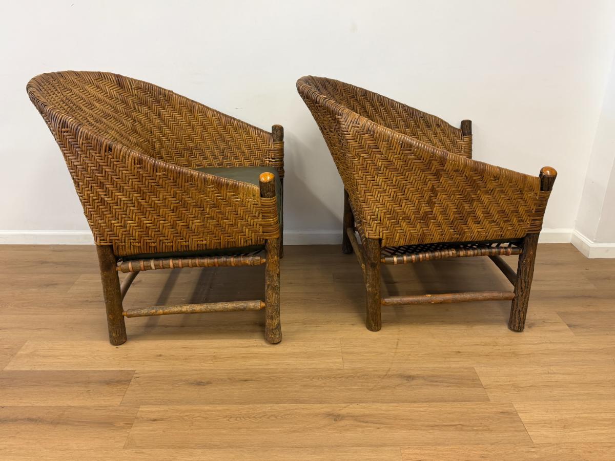 Old Hickory Captain’s Rattan Chairs, Pair
