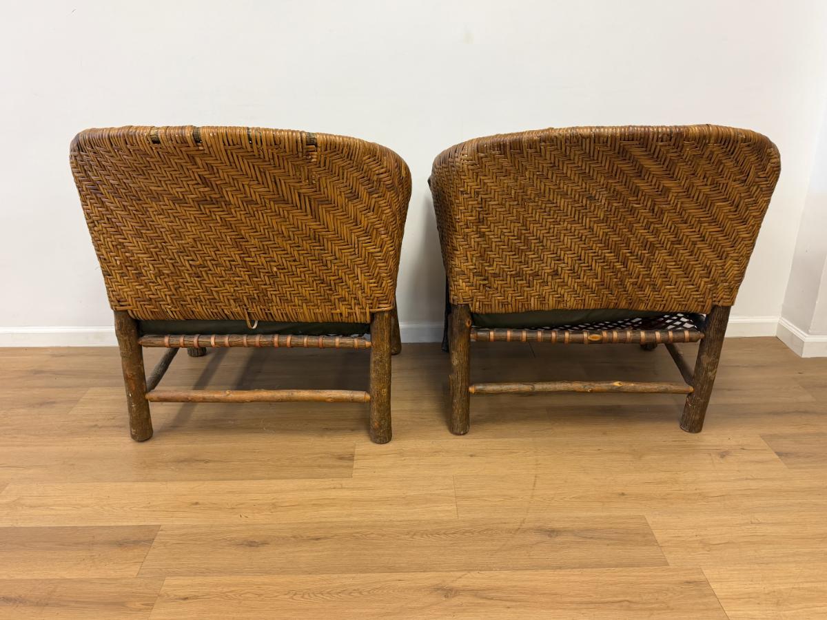 Old Hickory Captain’s Rattan Chairs, Pair