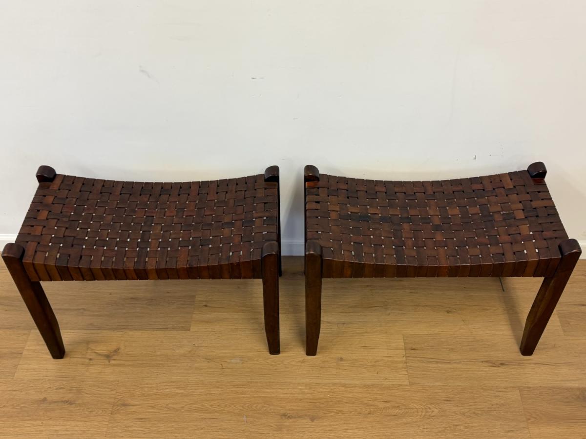 Arts & Crafts Woven Leather Stools, Pair