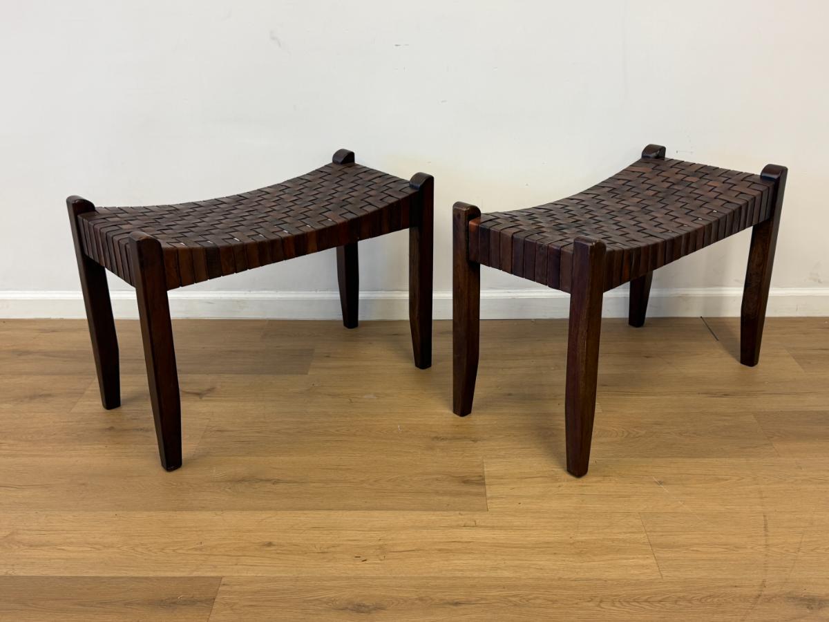 Arts & Crafts Woven Leather Stools, Pair