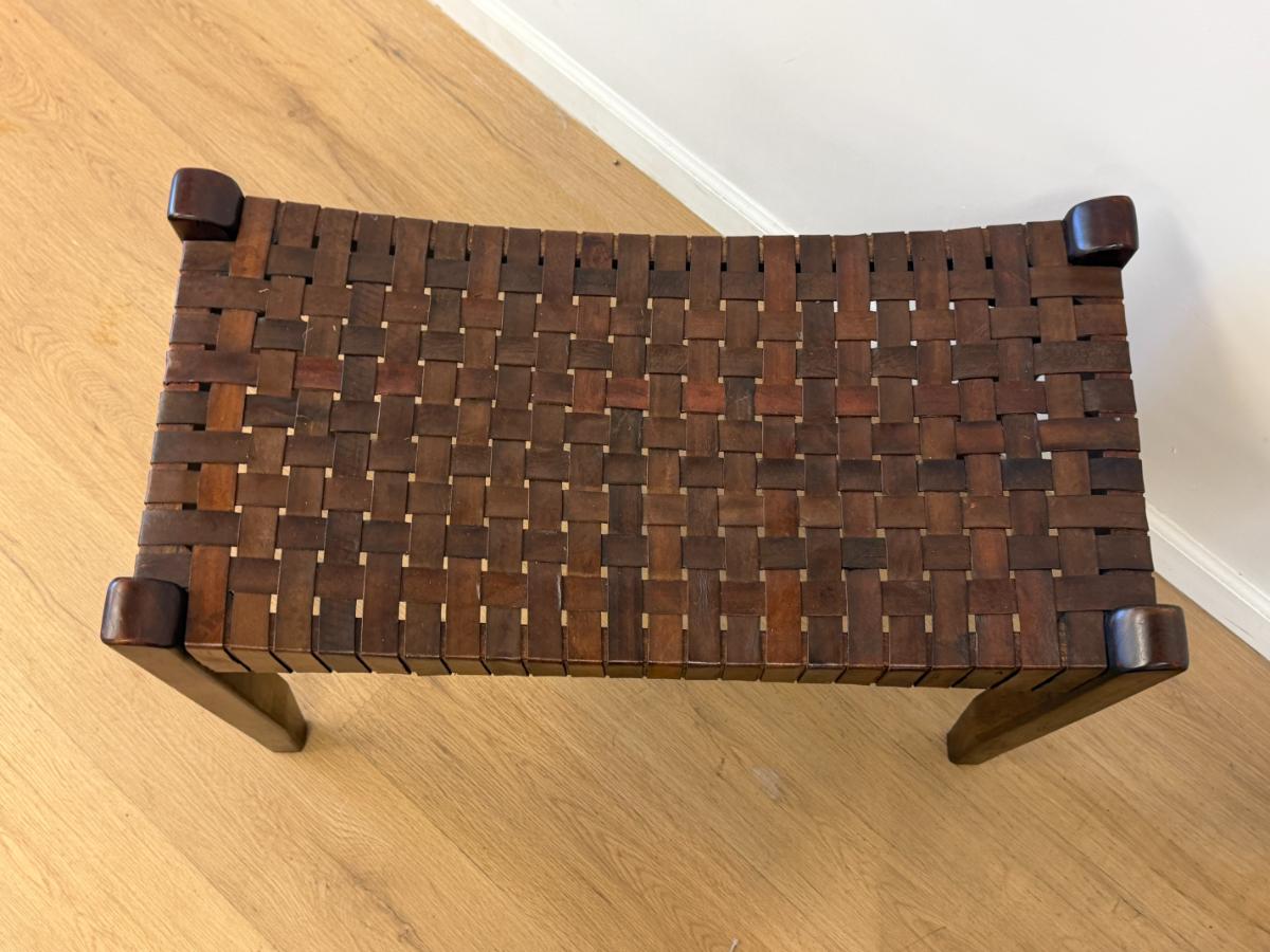 Arts & Crafts Woven Leather Stools, Pair
