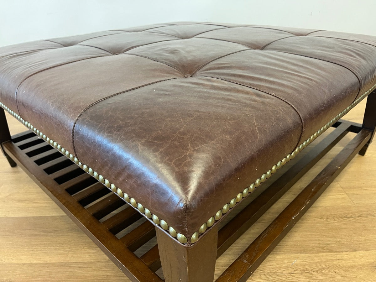 Tufted Cigar Leather Tiered Cocktail Ottoman with Solid Brass Sabot Feet